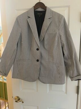 Jones New York Collection Woman Stretch Cotton Black and White Stripe Blazer 16W